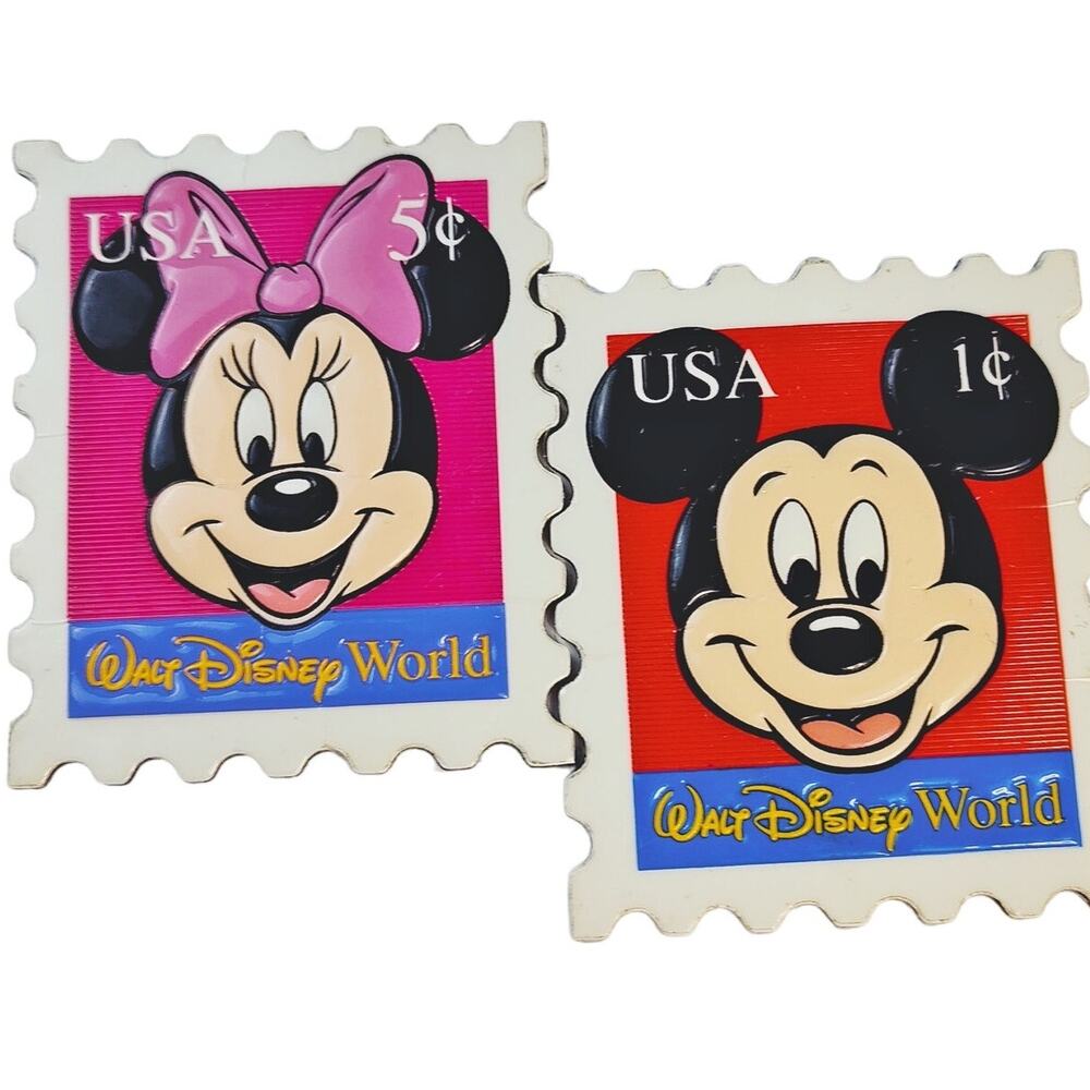 Disney WDW Mickey & Minnie Stamp Magnets Red Pink VTG Set